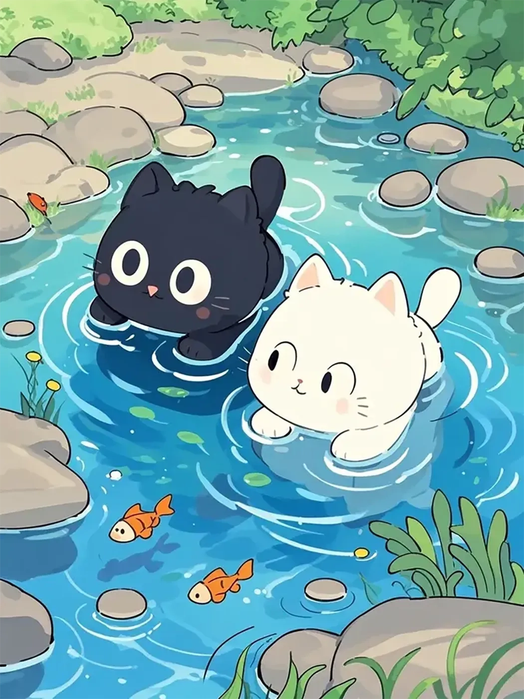 黑猫白猫戏水手机高清静态壁纸#20250730141259